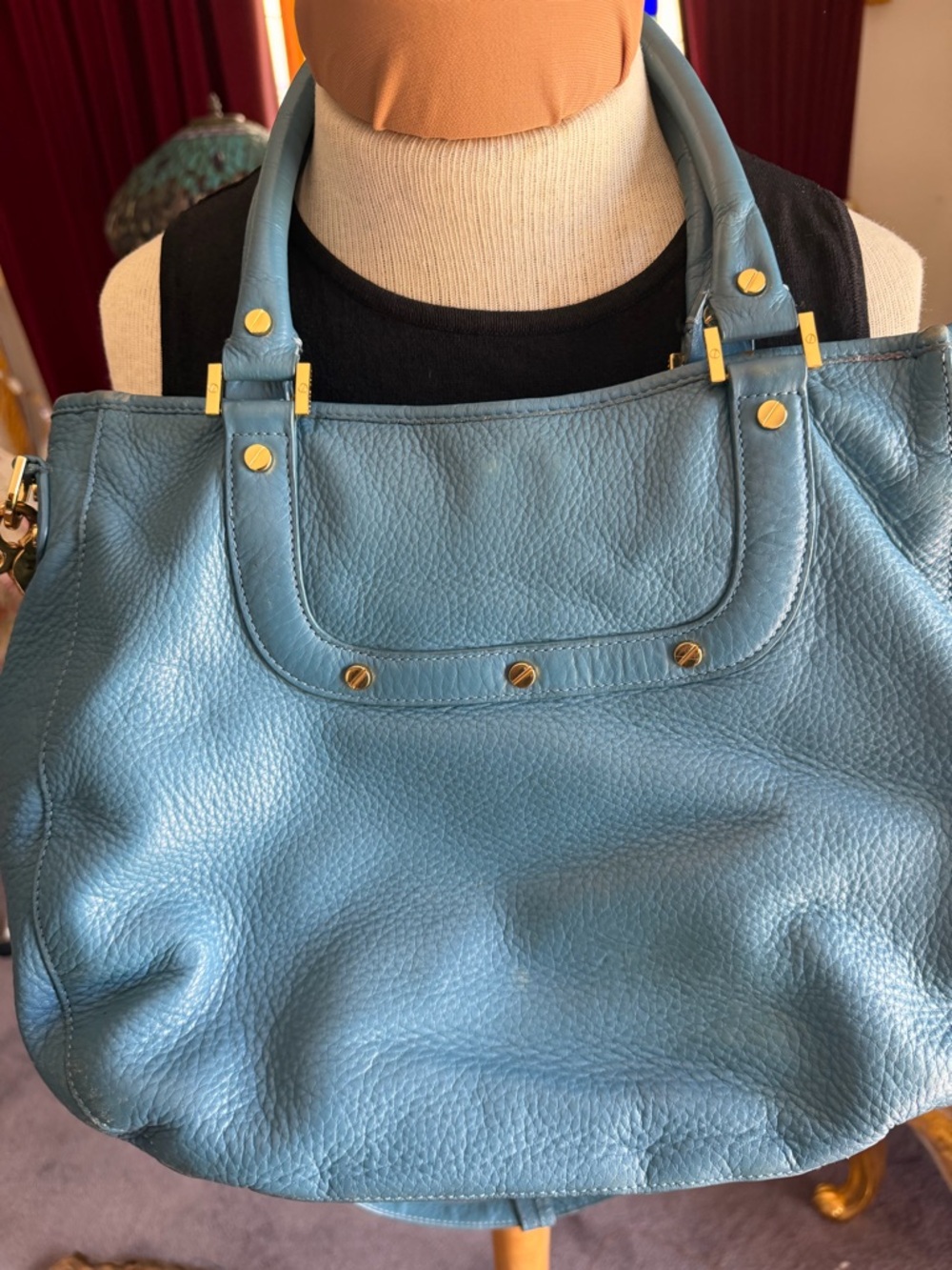 Tory Burch Blue Teal Pebbled Leather Shoulder Bag with Gold Logo - Picture 6 of 14